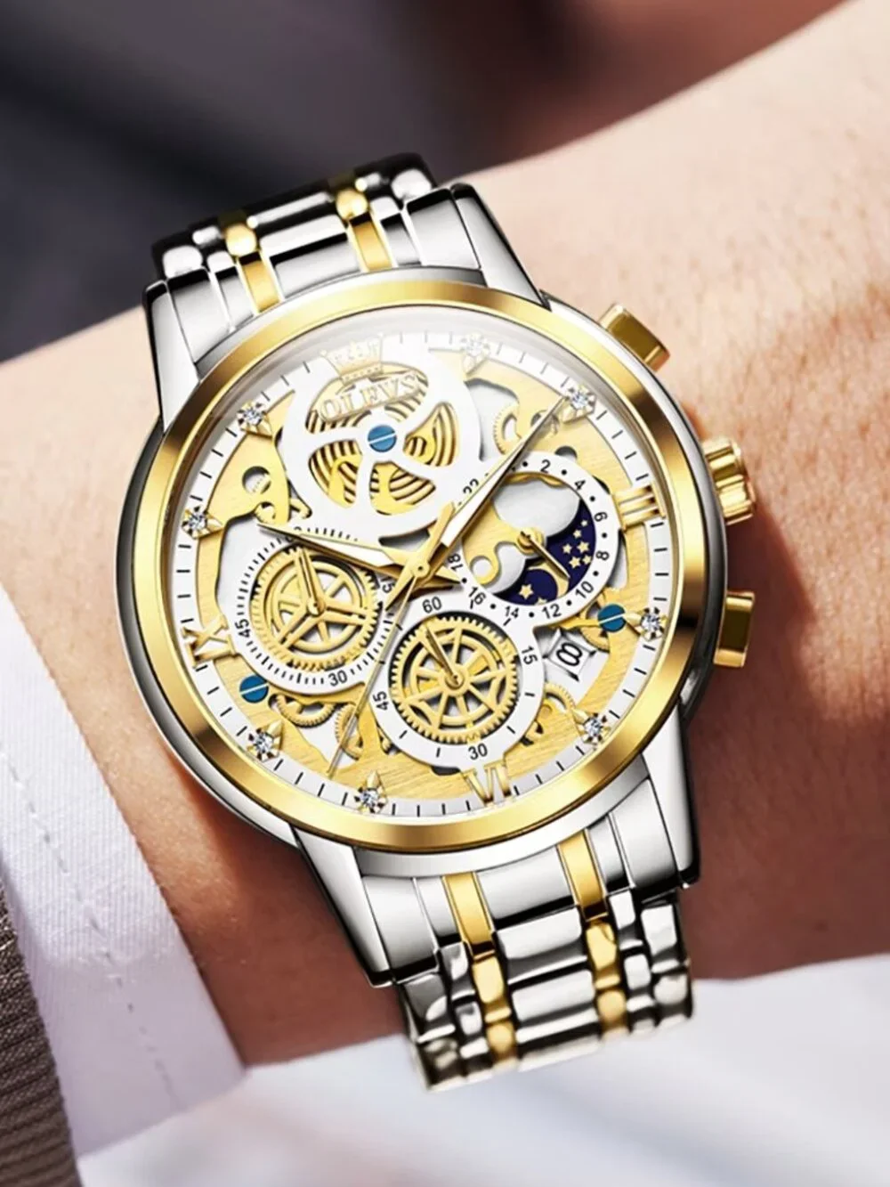 OLEVS Men’s Two-Tone Gold Stainless Steel Chronograph Quartz Watch